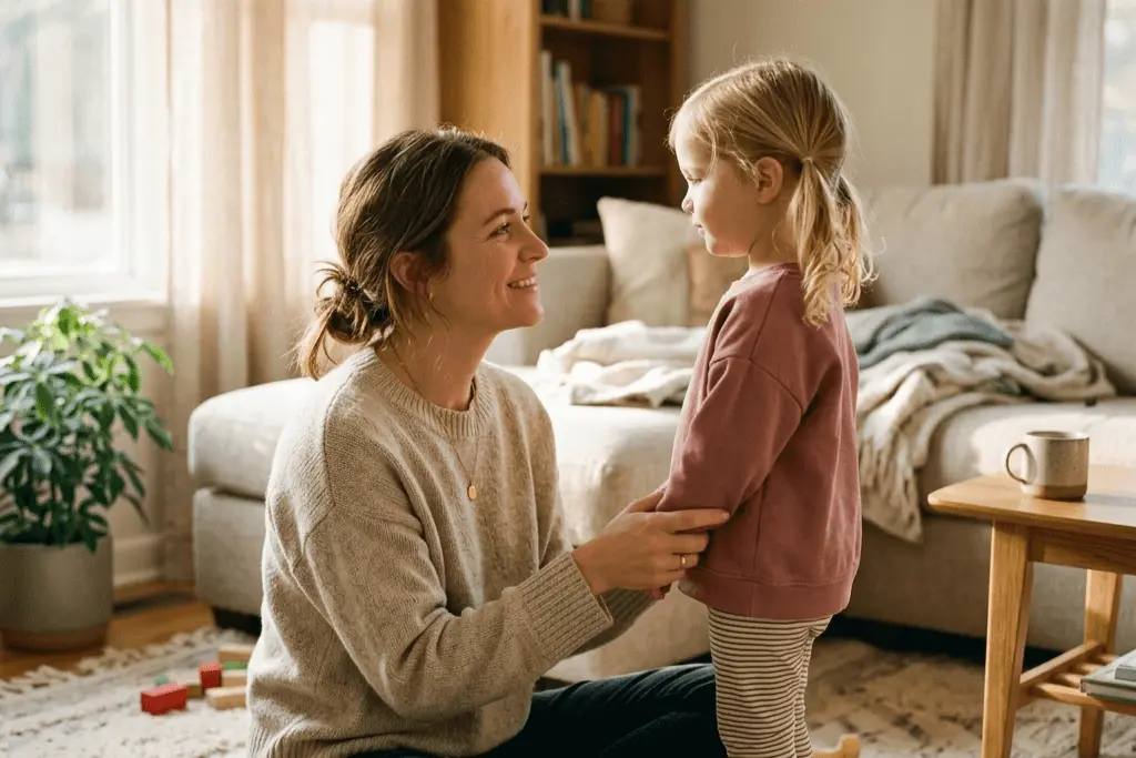 A mother calmly connecting with her young daughter at eye level in a warm living room