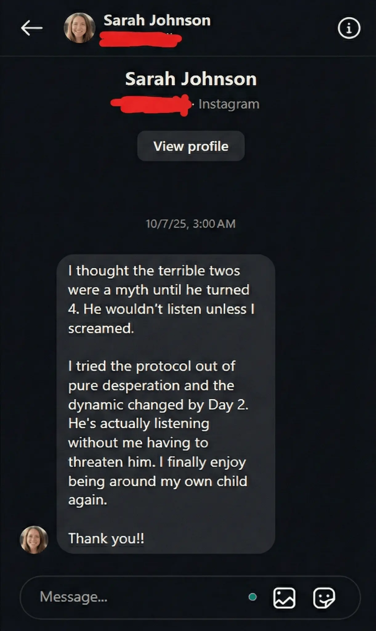 Sarah Johnson Instagram DM Testimonial